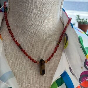 Chic Red Beaded Necklace with Tiger's Eye Pendant